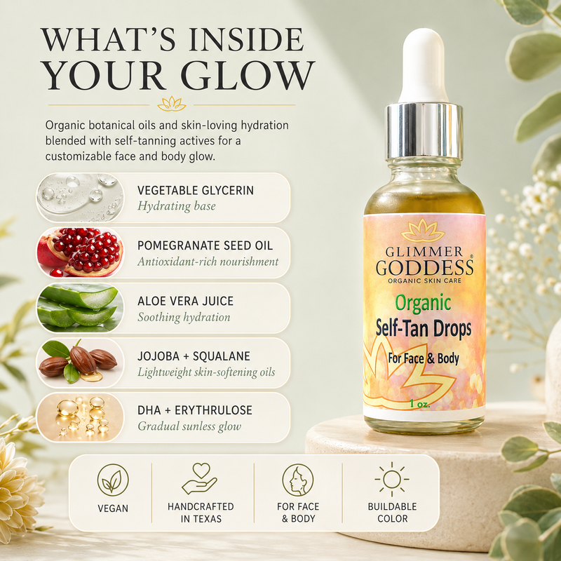 Glimmer Goddess® Organic Skin Care Organic Self Tan Drops – Fast Glow Self Tanner Antique White Lightly Scented – soft essential oil scent,Unscented – great for extra-sensitive skin