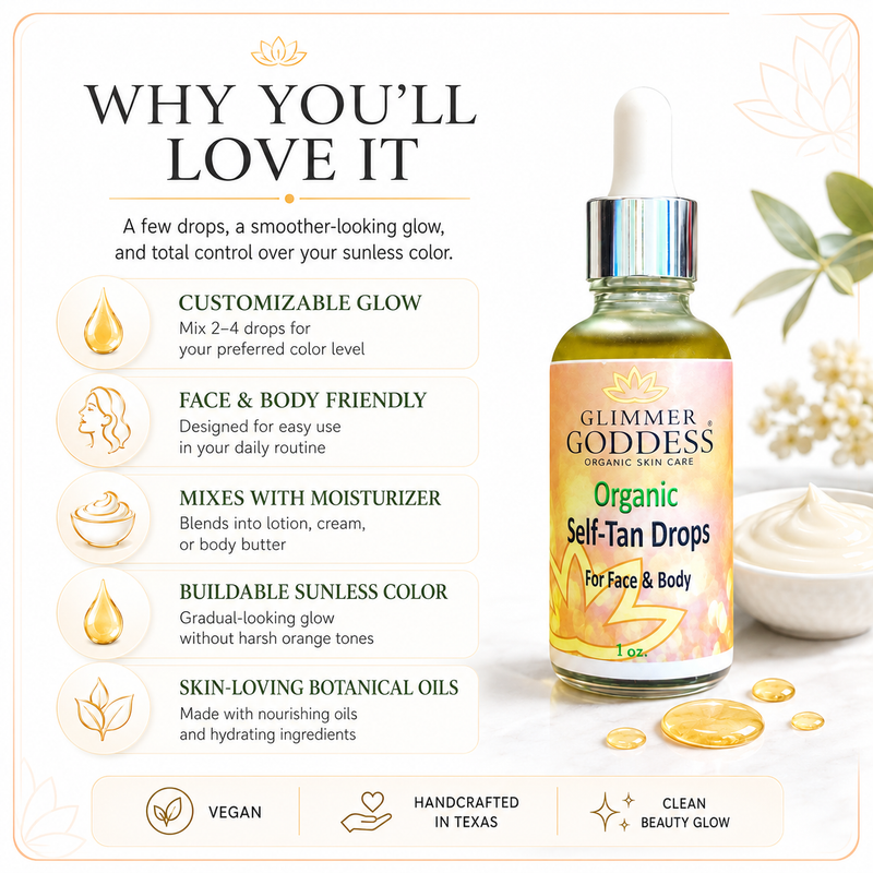Glimmer Goddess® Organic Skin Care Organic Self Tan Drops – Fast Glow Self Tanner White Smoke Lightly Scented – soft essential oil scent,Unscented – great for extra-sensitive skin