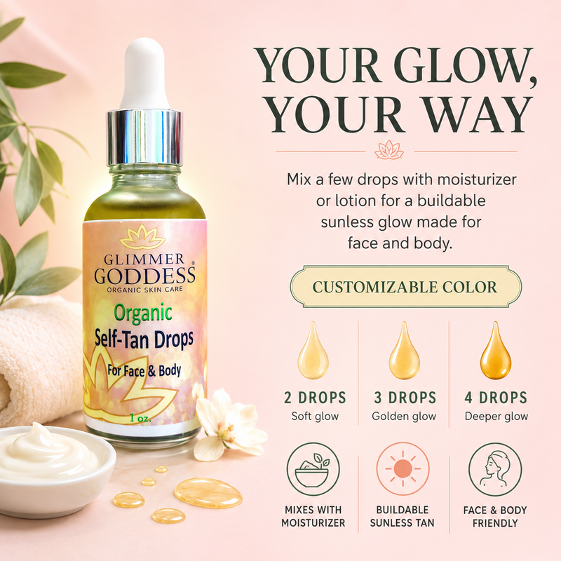 Glimmer Goddess® Organic Skin Care Organic Self Tan Drops – Fast Glow Self Tanner Antique White Lightly Scented – soft essential oil scent,Unscented – great for extra-sensitive skin