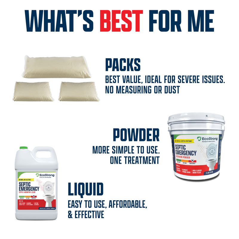 EcoStrong Septic Liberator Drain & Septic > Septic System Emergencies White Smoke 10 lbs Packs,7 and 1 half lbs Pail Powder,30 lbs Bucket Powder,1 Gallon Jug Liquid,2 Gallon Jug Liquid