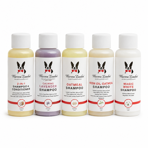 Warren London Warren London Dog Shampoo Sample Set – 5 Pack Dog Shampoo Lavender All 5 Shampoo Samples,2-in-1 Shampoo Plus Conditioner,Oatmeal Shampoo,Lavender Shampoo,Magic White Bright Shampoo,Neam Flea & Tick Shampoo