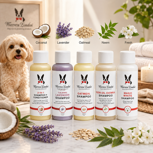 Warren London Warren London Dog Shampoo Sample Set – 5 Pack Dog Shampoo Light Gray All 5 Shampoo Samples,2-in-1 Shampoo Plus Conditioner,Oatmeal Shampoo,Lavender Shampoo,Magic White Bright Shampoo,Neam Flea & Tick Shampoo