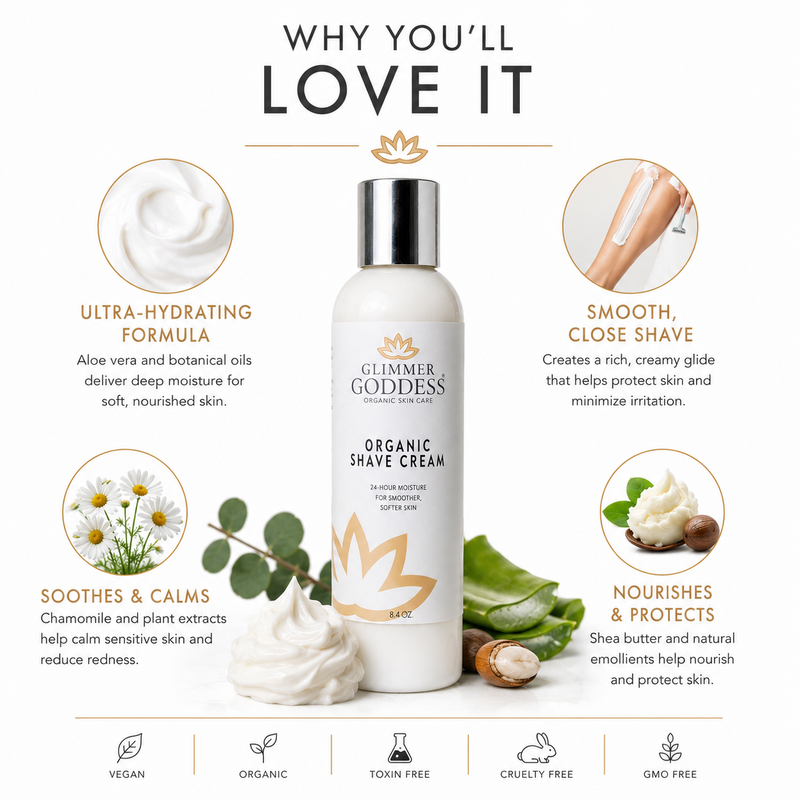 Glimmer Goddess® Organic Skin Care Organic Shave Cream for Sensitive Skin – Hydrating Formula Shaving White Smoke Lavender Lemon,Unscented