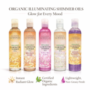 Glimmer Goddess® Organic Skin Care Organic Shimmer Body Oil for a Soft, Non-Greasy Body Glow Shimmer White Smoke 24kt Gold — Best for fair, light, medium, and tan skin,Bronze Babe — Best for medium, olive, tan, and deep skin,Diamonds & Pearls — Best for a soft champagne highlight on all skin tones,Electric Pink — Best for playful pink glow, events, and festivals,Pur