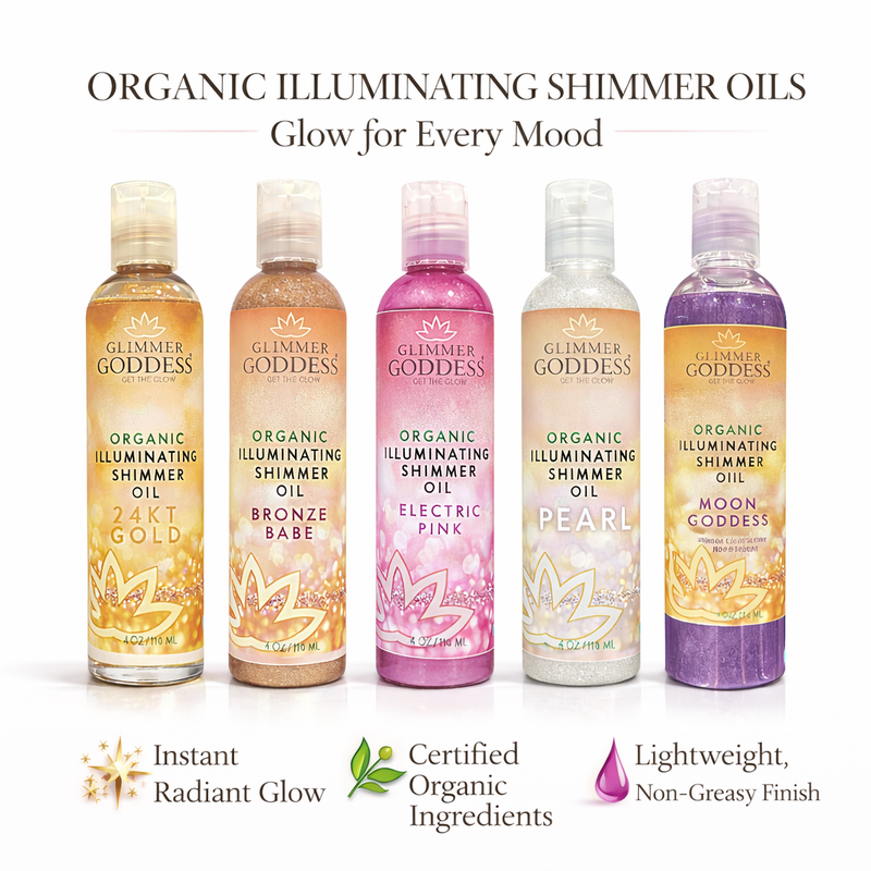Glimmer Goddess® Organic Skin Care Organic Shimmer Body Oil for a Soft, Non-Greasy Body Glow Shimmer White Smoke 24kt Gold — Best for fair, light, medium, and tan skin,Bronze Babe — Best for medium, olive, tan, and deep skin,Diamonds & Pearls — Best for a soft champagne highlight on all skin tones,Electric Pink — Best for playful pink glow, events, and festivals,Pur