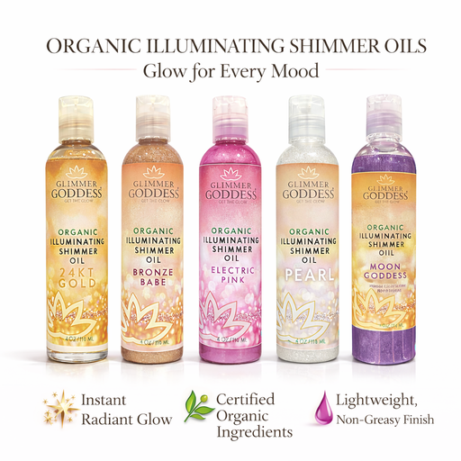 Glimmer Goddess® Organic Skin Care Organic Shimmer Body Oil for a Soft, Non-Greasy Body Glow Shimmer White Smoke 24kt Gold — Best for fair, light, medium, and tan skin,Bronze Babe — Best for medium, olive, tan, and deep skin,Diamonds & Pearls — Best for a soft champagne highlight on all skin tones,Electric Pink — Best for playful pink glow, events, and festivals,Pur