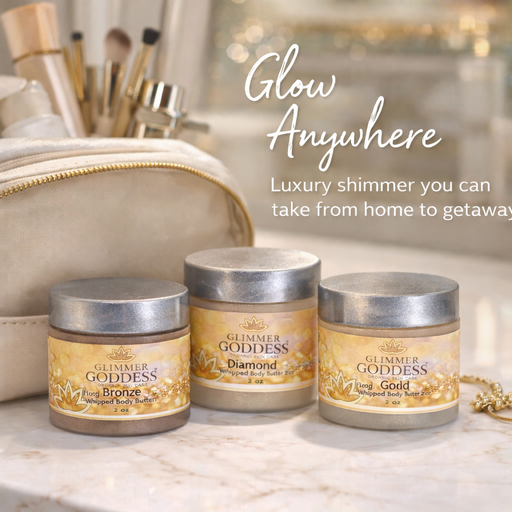 Glimmer Goddess® Organic Skin Care Organic Shimmering Body Butter Trio – 3 x 2 oz Travel Set Shimmer Dark Gray Bronze + Diamond + Gold / Soft Glow - Level 1,Bronze + Diamond + Gold / Noticeable Glow - Level 2,Bronze + Diamond + Gold / Bold Glow - Level 3,Bronze + Diamond + Rose Gold / Soft Glow - Level 1,Bronze + Diamond + Rose Gold / Noticeable Glow - Level 2,Bro