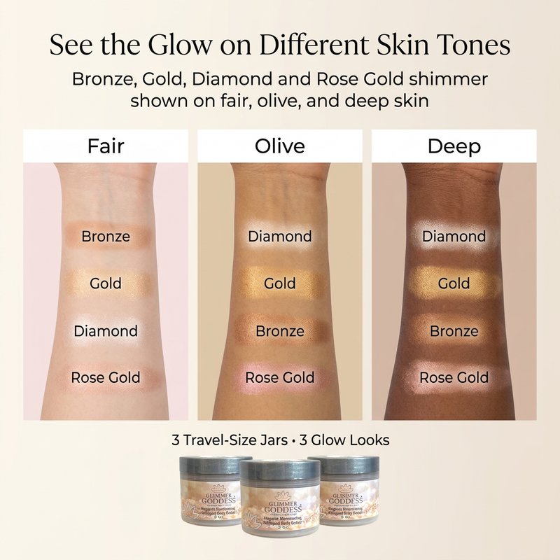 Glimmer Goddess® Organic Skin Care Organic Shimmering Body Butter Trio – 3 x 2 oz Travel Set Shimmer Antique White Bronze + Diamond + Gold / Soft Glow - Level 1,Bronze + Diamond + Gold / Noticeable Glow - Level 2,Bronze + Diamond + Gold / Bold Glow - Level 3,Bronze + Diamond + Rose Gold / Soft Glow - Level 1,Bronze + Diamond + Rose Gold / Noticeable Glow - Level 2,Bro