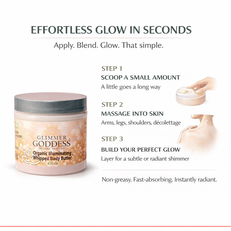 Glimmer Goddess® Organic Skin Care Organic Shimmer Body Butter – Radiant, Deep Hydration Shimmer White Smoke Bronze / Soft Glow - Level 1,Bronze / Noticeable Glow - Level 2,Bronze / Bold Glow - Level 3,Diamond / Soft Glow - Level 1,Diamond / Noticeable Glow - Level 2,Diamond / Bold Glow - Level 3,Gold / Soft Glow - Level 1,Gold / Noticeable Glow - Level 2,Gold /