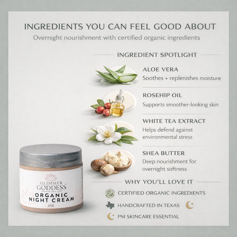 Glimmer Goddess® Organic Skin Care Organic Skin Renewal Night Cream 2 oz – Anti-Aging Moisturizers Lavender 2 oz. JAR / Lightly Scented – soft essential oil scent,2 oz. JAR / Unscented – great for extra-sensitive skin,2 oz. Airless Bottle - SUMMER VERSION / Lightly Scented – soft essential oil scent,2 oz. Airless Bottle - SUMMER VERSION / Unscented – great for