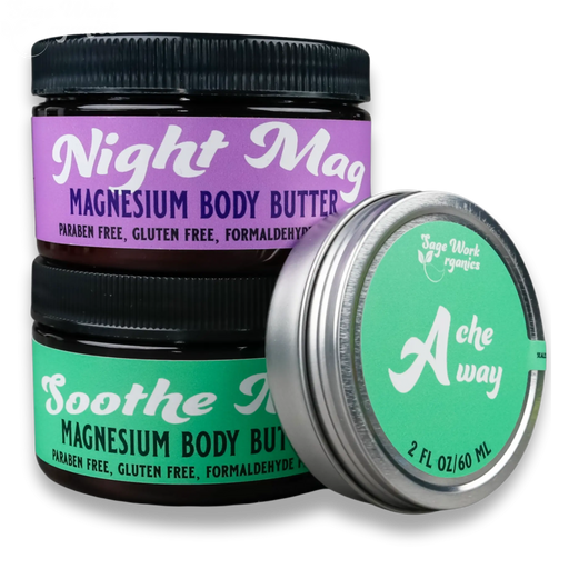 SageWork Organics Magnesium Body Butter & Ache Relief Bundle, 3 Pc Rubs and Balms Black 8oz,4oz
