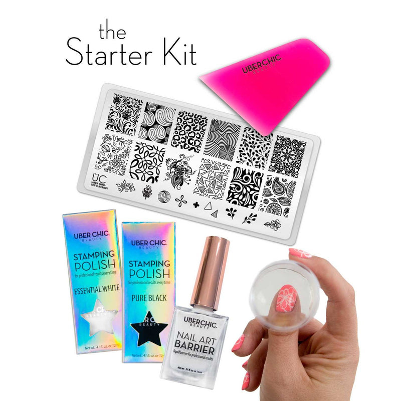 UberChic Beauty Starter Kit: Let's Stamp! Bundle Dark Slate Gray #1: Kit with Pure Black and Essential White Stamping Polishes,#2: Kit with Happy Birthday to Me [Metallic Pink] and No Holding Back [Metallic Teal] Stamping Polishes,#3: Kit with Satin Brass [Metallic Gold] and Silver Palace [Metallic Silver] Stamping Pol