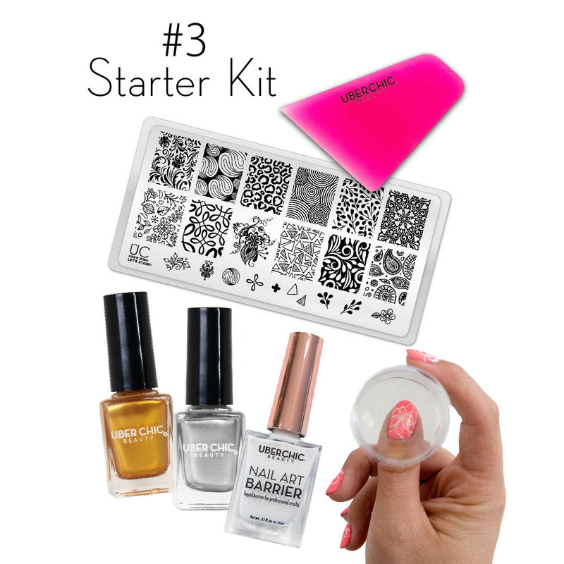 UberChic Beauty Starter Kit: Let's Stamp! Bundle Light Gray #3: Kit with Satin Brass [Metallic Gold] and Silver Palace [Metallic Silver] Stamping Polishes