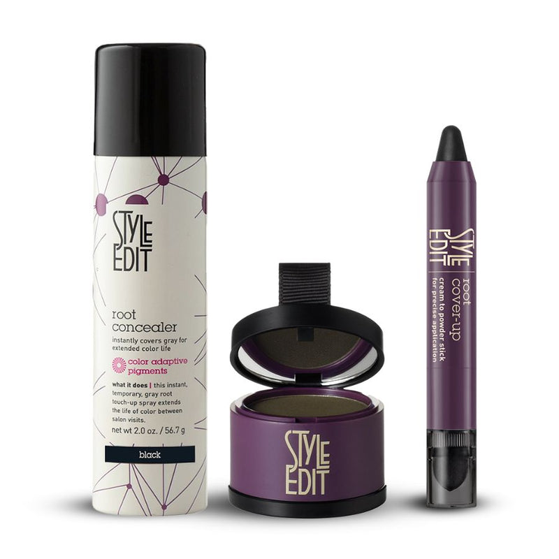Style Edit Best Sellers Trio: Full Size Root Concealer Spray, Stick and Powder Trio Gift Set White Smoke Black
