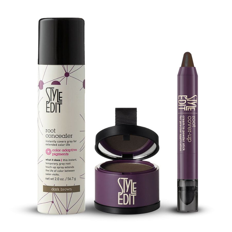 Style Edit Best Sellers Trio: Full Size Root Concealer Spray, Stick and Powder Trio Gift Set White Smoke Dark Brown
