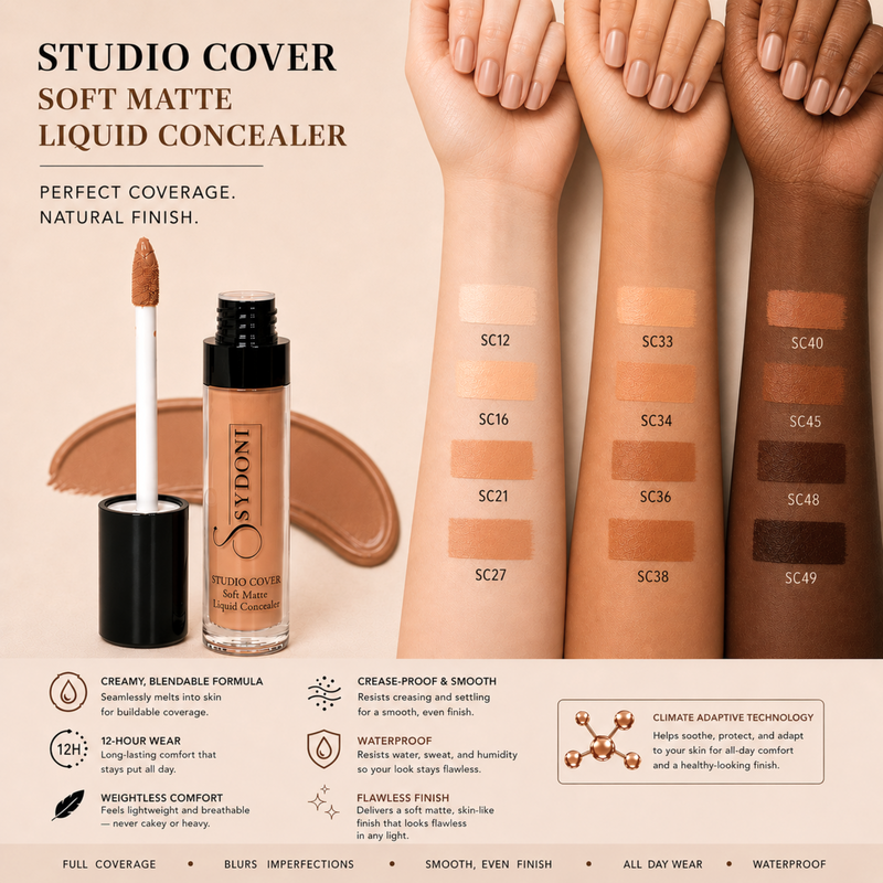Sydoni Skincare and Beauty SYDONI STUDIO COVER SOFT MATTE LIQUID CONCEALER – Flawless Coverage, Seamless Finish 0.35 OZ. Liquid Concealer Bisque SC49-Deep Rich Neutral,SC48-Deep Neutral,SC45-Rich Neutral,SC40-Warm Red,SC38-Cool Tan,SC36-Neutral Tan,SC34-Peach Tan,SC33-Golden,SC27-Cool Beige,SC21-Warm Neutral,SC16 Peach,SC12-Neutral