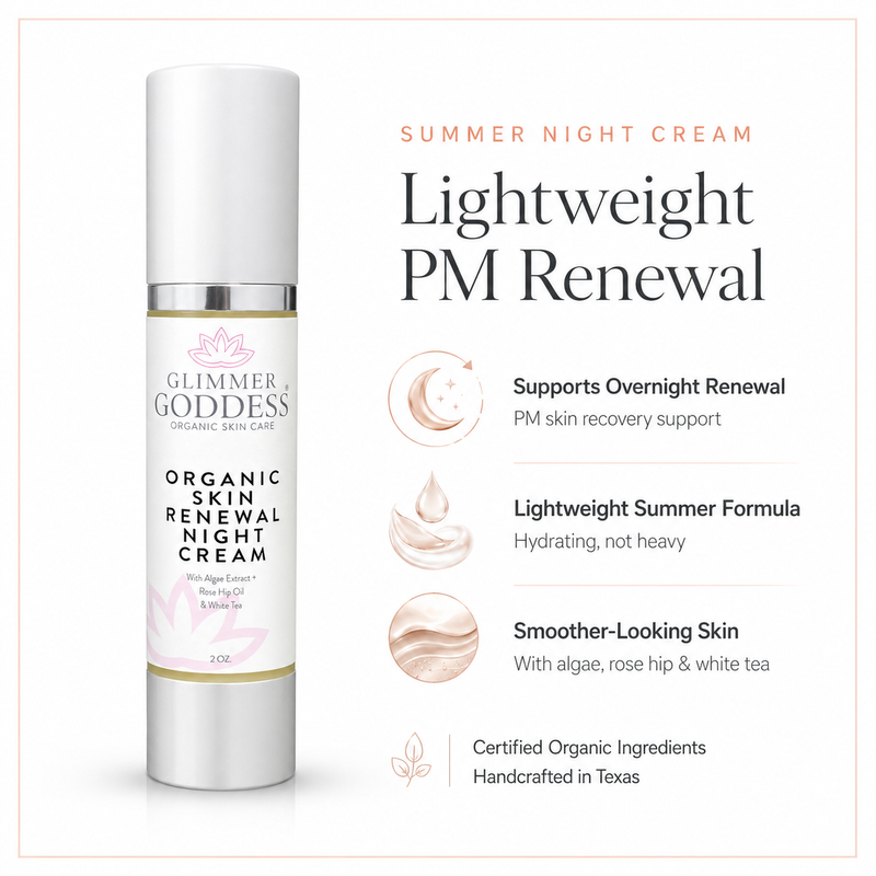 Glimmer Goddess® Organic Skin Care Organic Skin Renewal Night Cream 2 oz – Anti-Aging Moisturizers White Smoke 2 oz. JAR / Lightly Scented – soft essential oil scent,2 oz. JAR / Unscented – great for extra-sensitive skin,2 oz. Airless Bottle - SUMMER VERSION / Lightly Scented – soft essential oil scent,2 oz. Airless Bottle - SUMMER VERSION / Unscented – great for