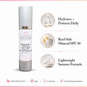 Glimmer Goddess® Organic Skin Care Triple Action Daily Moisturizer – Organic SPF 30 Moisturizers White Smoke 2 oz. JAR / Lightly scented,2 oz. JAR / Unscented – great for extra-sensitive skin,2 oz. Airless Bottle - SUMMER VERSION / Lightly scented,2 oz. Airless Bottle - SUMMER VERSION / Unscented – great for extra-sensitive skin