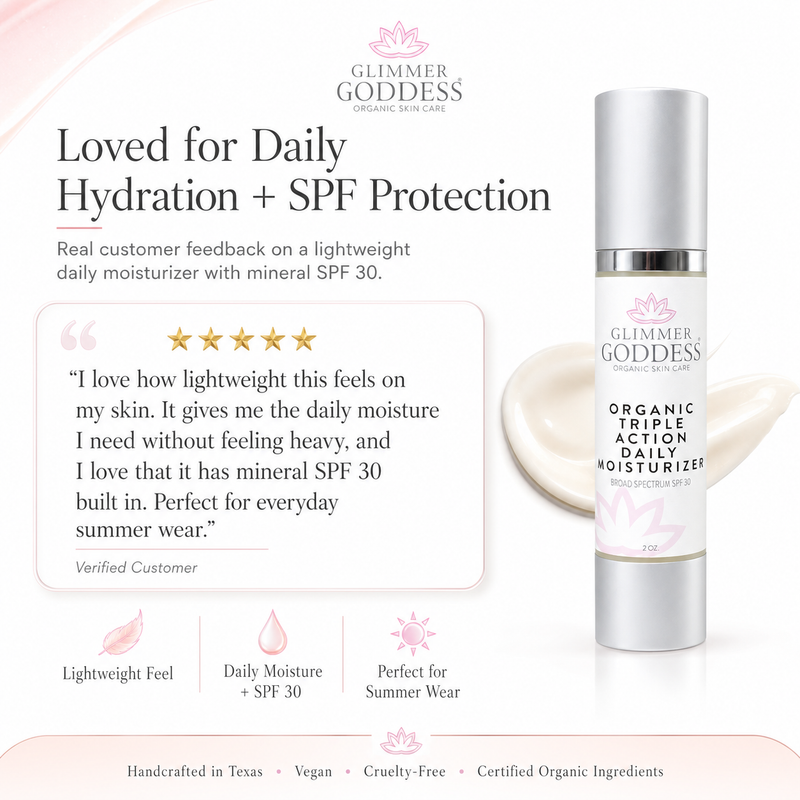 Glimmer Goddess® Organic Skin Care Triple Action Daily Moisturizer – Organic SPF 30 Moisturizers White Smoke 2 oz. JAR / Lightly scented,2 oz. JAR / Unscented – great for extra-sensitive skin,2 oz. Airless Bottle - SUMMER VERSION / Lightly scented,2 oz. Airless Bottle - SUMMER VERSION / Unscented – great for extra-sensitive skin