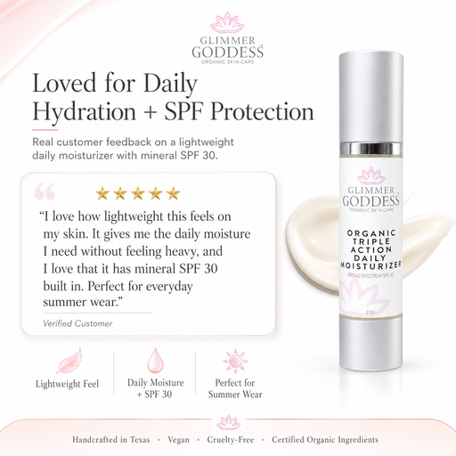 Glimmer Goddess® Organic Skin Care Triple Action Daily Moisturizer – Organic SPF 30 Moisturizers White Smoke 2 oz. JAR / Lightly scented,2 oz. JAR / Unscented – great for extra-sensitive skin,2 oz. Airless Bottle - SUMMER VERSION / Lightly scented,2 oz. Airless Bottle - SUMMER VERSION / Unscented – great for extra-sensitive skin