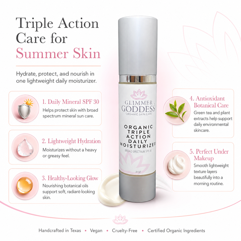 Glimmer Goddess® Organic Skin Care Triple Action Daily Moisturizer – Organic SPF 30 Moisturizers White Smoke 2 oz. JAR / Lightly scented,2 oz. JAR / Unscented – great for extra-sensitive skin,2 oz. Airless Bottle - SUMMER VERSION / Lightly scented,2 oz. Airless Bottle - SUMMER VERSION / Unscented – great for extra-sensitive skin