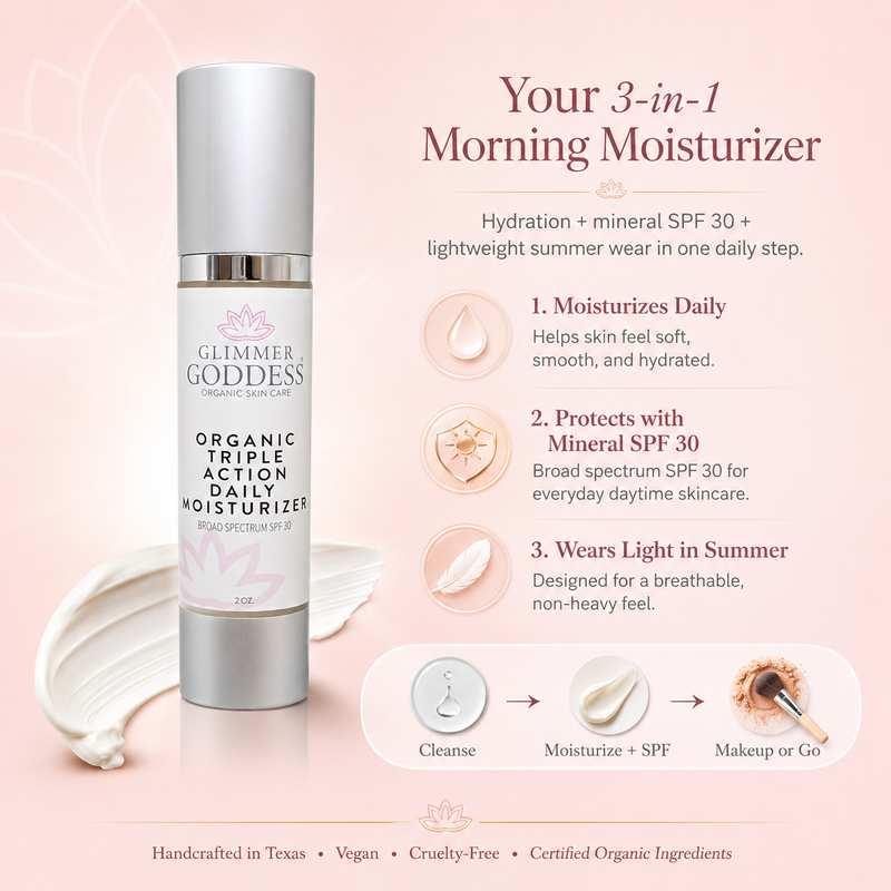 Glimmer Goddess® Organic Skin Care Triple Action Daily Moisturizer – Organic SPF 30 Moisturizers Misty Rose 2 oz. JAR / Lightly scented,2 oz. JAR / Unscented – great for extra-sensitive skin,2 oz. Airless Bottle - SUMMER VERSION / Lightly scented,2 oz. Airless Bottle - SUMMER VERSION / Unscented – great for extra-sensitive skin