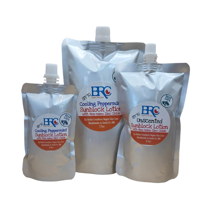 By Robin Creations SPF 30 Broad Spectrum Mineral Sunblock Lotion | 100% Reef Safe Sunscreen White Smoke 1 (3.4 oz Aluminum Pouch) / Cooling Peppermint,1 (3.4 oz Aluminum Pouch) / Unscented,1 (8.5 oz Aluminum Pouch) / Cooling Peppermint,1 (8.5 oz Aluminum Pouch) / Unscented,3 (3.4 oz Aluminum Pouches) / Cooling Peppermint,3 (3.4 oz Aluminum Pouches) / Unscen