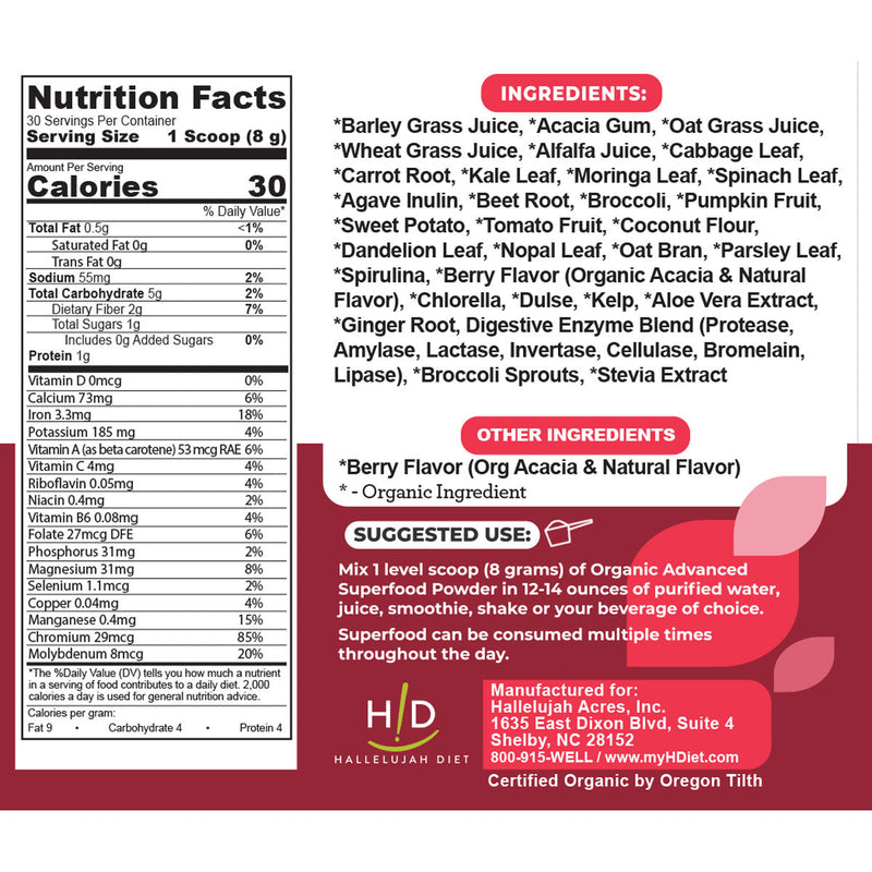 Hallelujah Diet Advanced Superfood, Greens and Vegetable (Berry) Powdered Superfood White Smoke