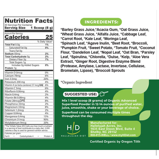Hallelujah Diet Advanced Superfood, Greens and Vegetable (Plain) Powdered Superfood White Smoke