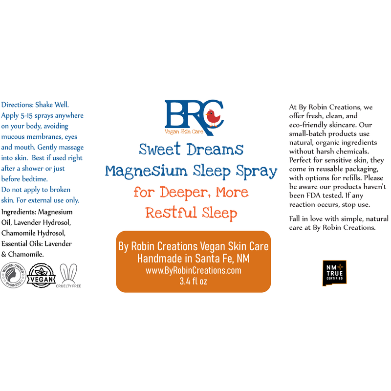By Robin Creations Sweet Dreams Magnesium Sleep Spray Skin Care White Smoke 3.4oz Glass Bottle,8oz Glass Bottle,10oz Plastic Flairosol Bottle,8.5oz Refill Pouch