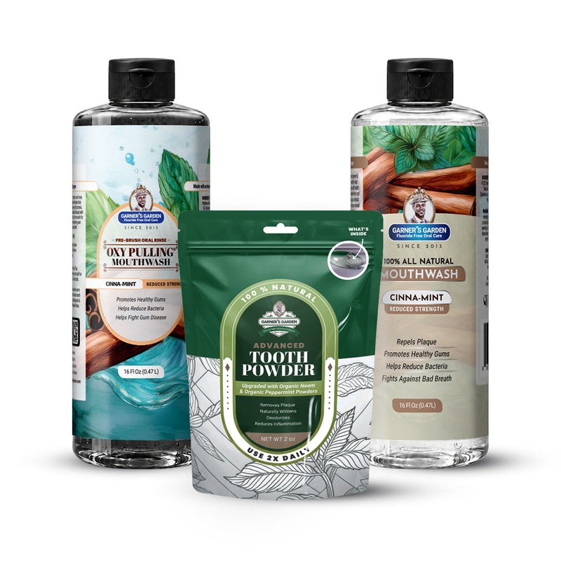 Garner's Garden Oral Care Package | Trio | H2O2 | Fluoride Free Packages White Smoke Reduced Cinnamint / 2 oz Organic Tooth Powder