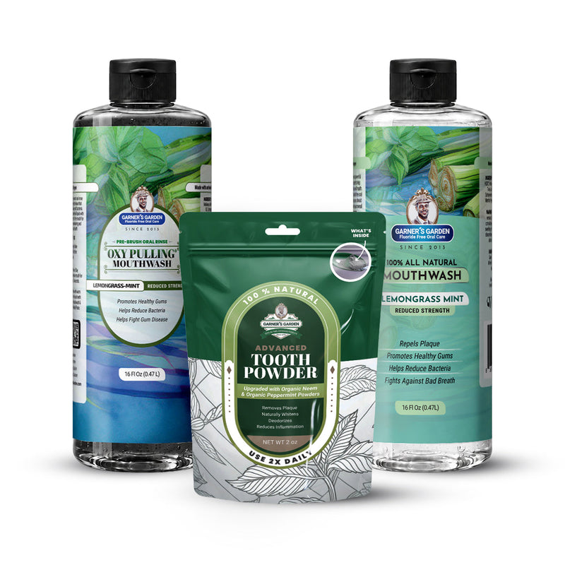 Garner's Garden Oral Care Package | Trio | H2O2 | Fluoride Free Packages White Smoke Reduced Lemongrassmint / 2 oz Organic Tooth Powder