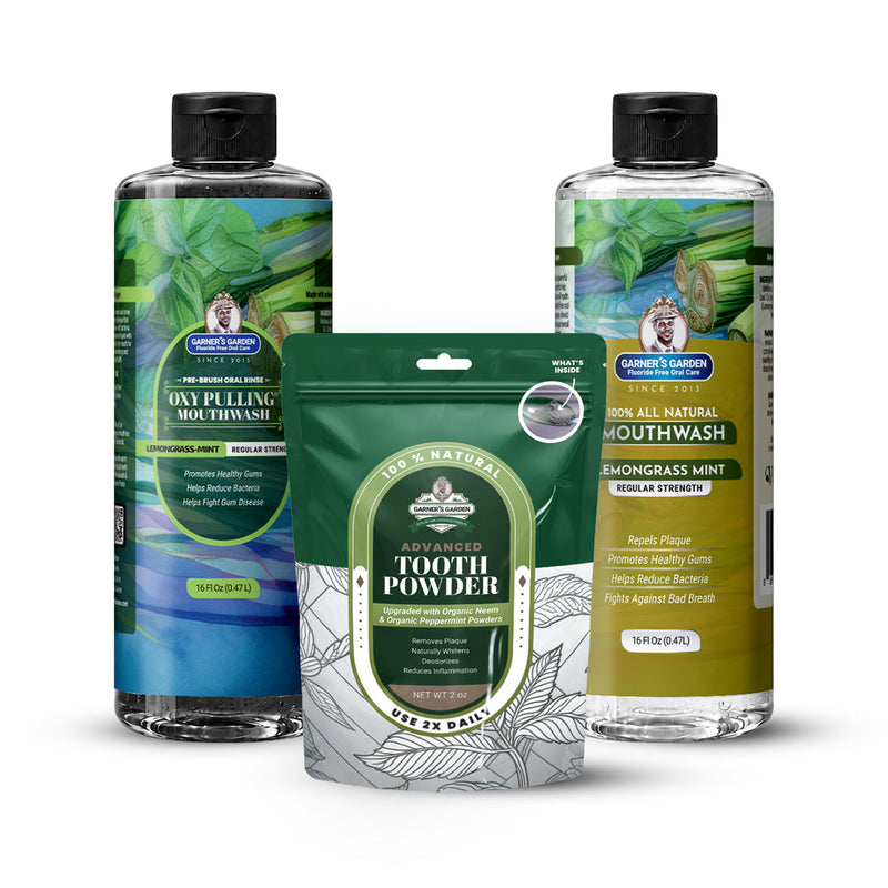 Garner's Garden Oral Care Package | Trio | H2O2 | Fluoride Free Packages White Smoke Regular Lemongrassmint / 2 oz Organic Tooth Powder