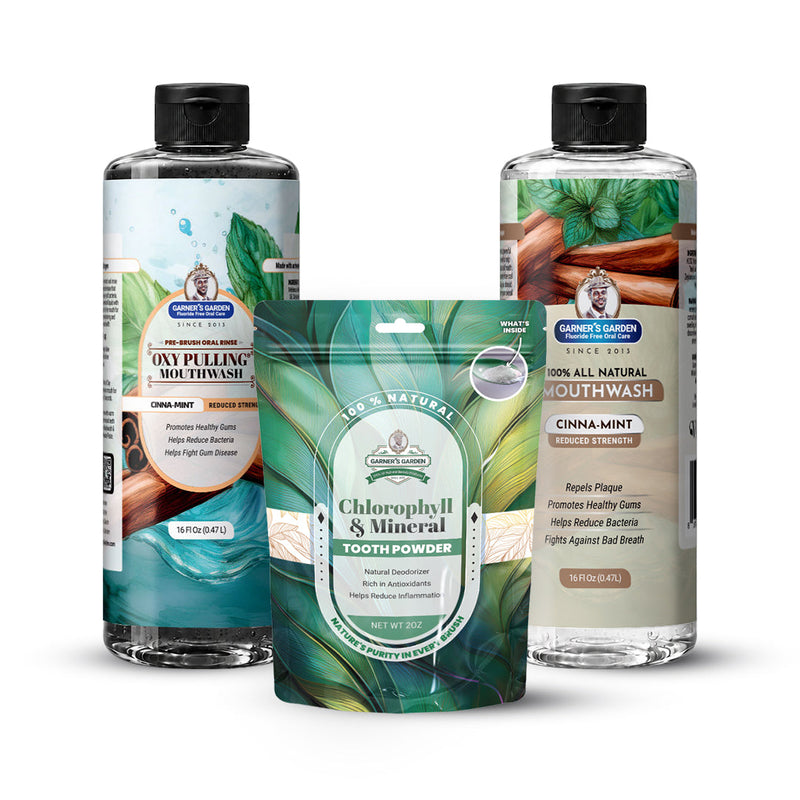 Garner's Garden Oral Care Package | Trio | H2O2 | Fluoride Free Packages White Smoke Reduced Cinnamint / 2 oz Chlorophyll and Mineral Tooth Powder