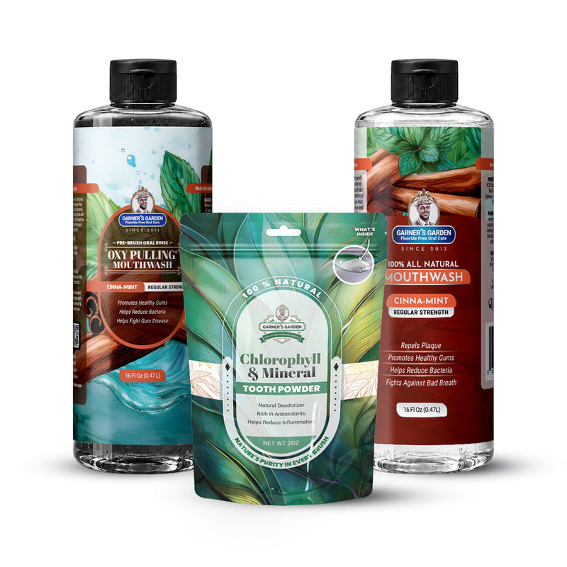 Garner's Garden Oral Care Package | Trio | H2O2 | Fluoride Free Packages White Smoke Regular Cinnamint / 2 oz Chlorophyll and Mineral Tooth Powder