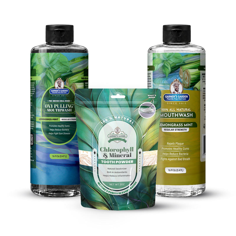 Garner's Garden Oral Care Package | Trio | H2O2 | Fluoride Free Packages White Smoke Regular Peppermint / 2 oz Regular Tooth Powder (Mineral Boost/Blue Pouch),Regular Peppermint / 2 oz Organic Tooth Powder,Regular Peppermint / 2 oz Mother of Pearl Tooth Powder,Regular Peppermint / 2 oz Chlorophyll and Mineral Tooth Powder,Reduced Peppermi