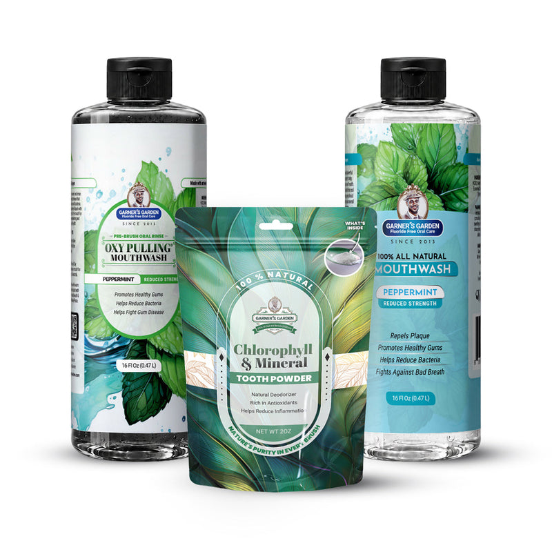 Garner's Garden Oral Care Package | Trio | H2O2 | Fluoride Free Packages White Smoke Reduced Peppermint / 2 oz Chlorophyll and Mineral Tooth Powder