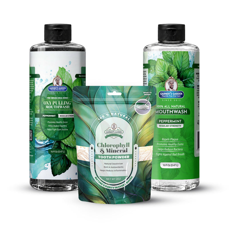 Garner's Garden Oral Care Package | Trio | H2O2 | Fluoride Free Packages White Smoke Regular Peppermint / 2 oz Chlorophyll and Mineral Tooth Powder