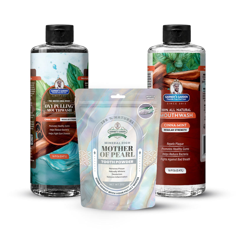 Garner's Garden Oral Care Package | Trio | H2O2 | Fluoride Free Packages White Smoke Regular Cinnamint / 2 oz Mother of Pearl Tooth Powder