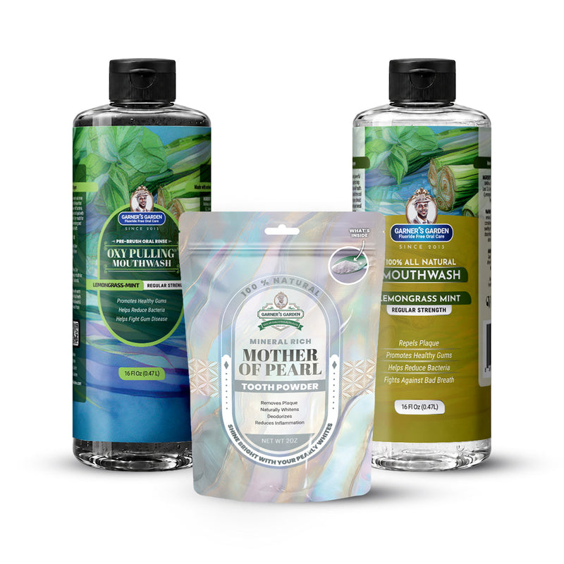 Garner's Garden Oral Care Package | Trio | H2O2 | Fluoride Free Packages White Smoke Regular Lemongrassmint / 2 oz Mother of Pearl Tooth Powder,Regular Lemongrassmint / 2 oz Chlorophyll and Mineral Tooth Powder