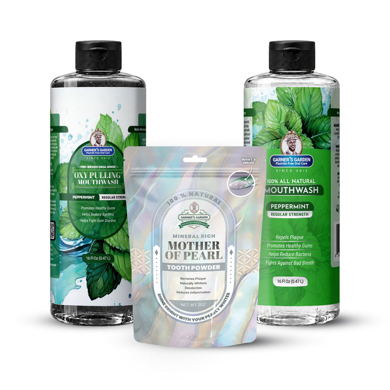 Garner's Garden Oral Care Package | Trio | H2O2 | Fluoride Free Packages White Smoke Regular Peppermint / 2 oz Mother of Pearl Tooth Powder