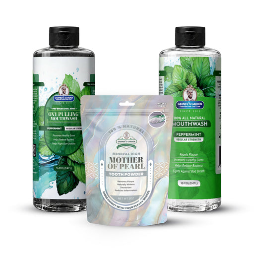 Garner's Garden Oral Care Package | Trio | H2O2 | Fluoride Free Packages White Smoke Regular Peppermint / 2 oz Mother of Pearl Tooth Powder