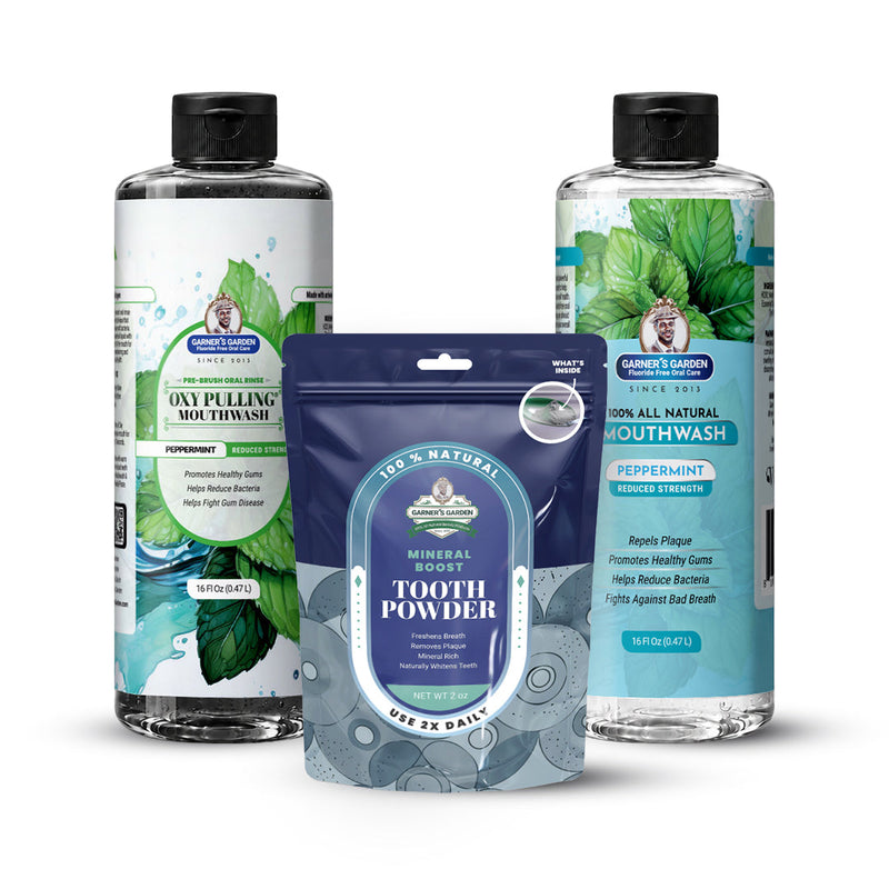 Garner's Garden Oral Care Package | Trio | H2O2 | Fluoride Free Packages White Smoke Reduced Peppermint / 2 oz Regular Tooth Powder (Mineral Boost/Blue Pouch)