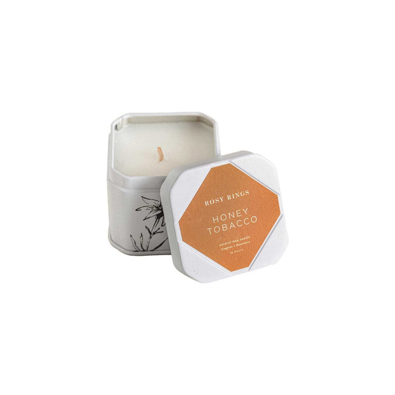 Rosy Rings Petite Tin Candle - Honey Tobacco Travel Tin Candle Light Gray