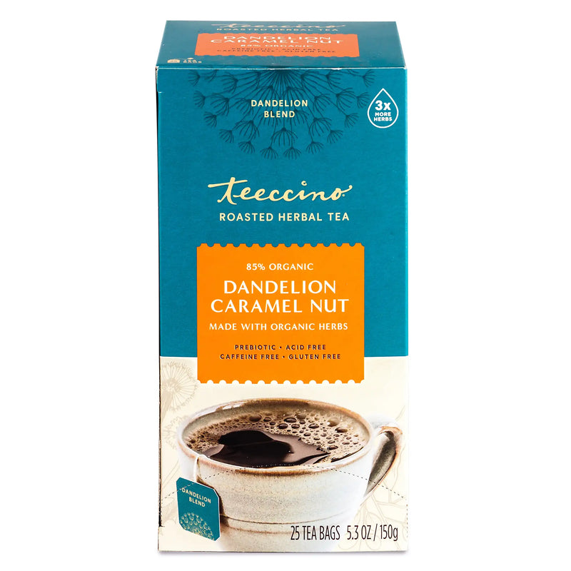 Teeccino Dandelion Caramel Nut Roasted Herbal Tea Herbal Tea Dark Cyan 25 tea bags,10 tea bags,50ct loose tagless tea bags