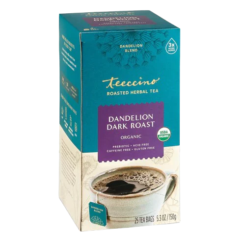 Teeccino Dandelion Dark Roast Roasted Herbal Tea Herbal Tea Dark Cyan 25 tea bags,10 tea bags,50 tagless eco-friendly tea bags