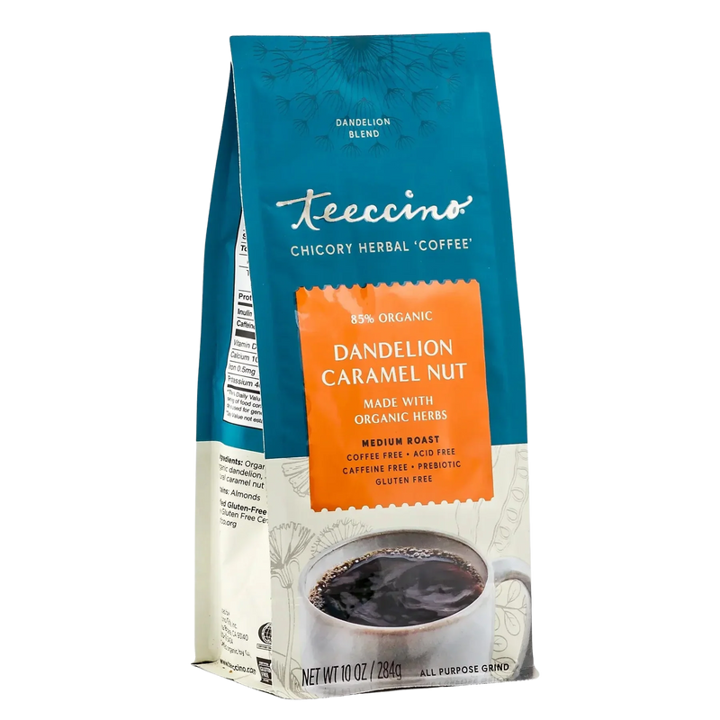 Teeccino Dandelion Caramel Nut Chicory Herbal Coffee Herbal Coffee Dark Cyan 10 ounce ground