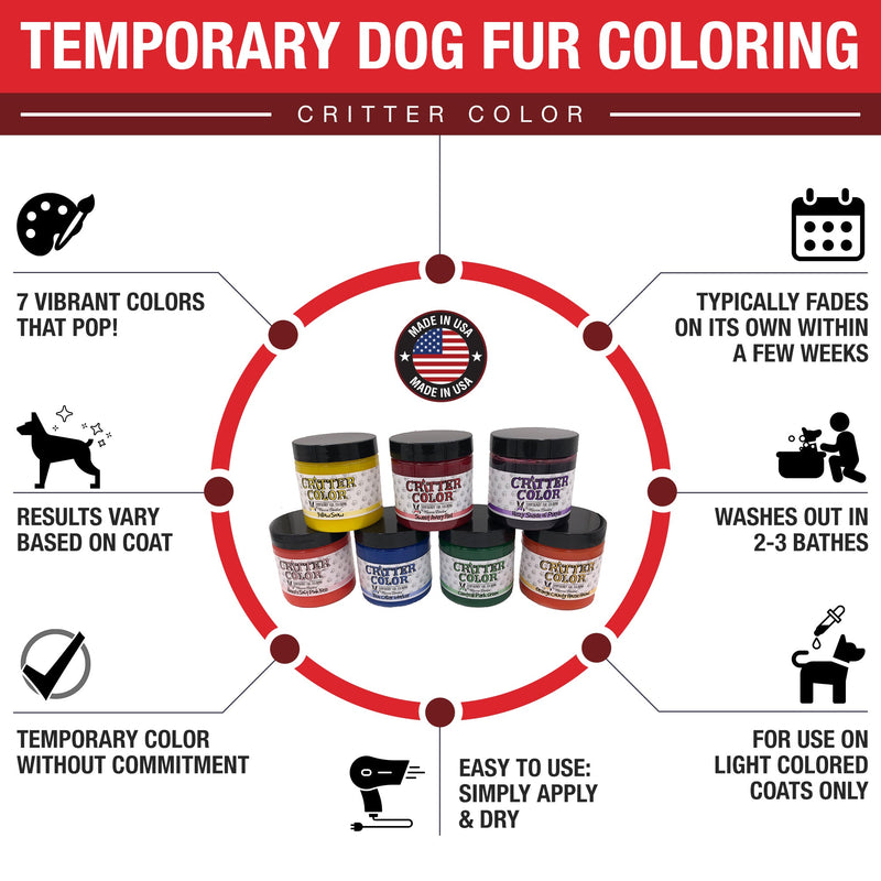 Warren London Critter Color - Temporary Pet Fur Coloring/Dog Dye Spa Product White Smoke Alexas Pink Kiss,Sweet Avery Red,Blue Collar Worker,Hazy Shade of Purple,Orange County House Hounds,Yellow Snow,Central Park Green,ALL 7 COLORS PLUS FREE BRUSH