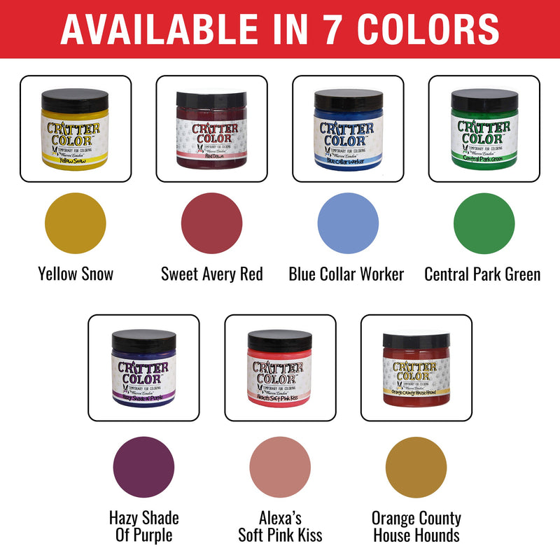 Warren London Critter Color - Temporary Pet Fur Coloring/Dog Dye Spa Product White Smoke Alexas Pink Kiss,Sweet Avery Red,Blue Collar Worker,Hazy Shade of Purple,Orange County House Hounds,Yellow Snow,Central Park Green,ALL 7 COLORS PLUS FREE BRUSH