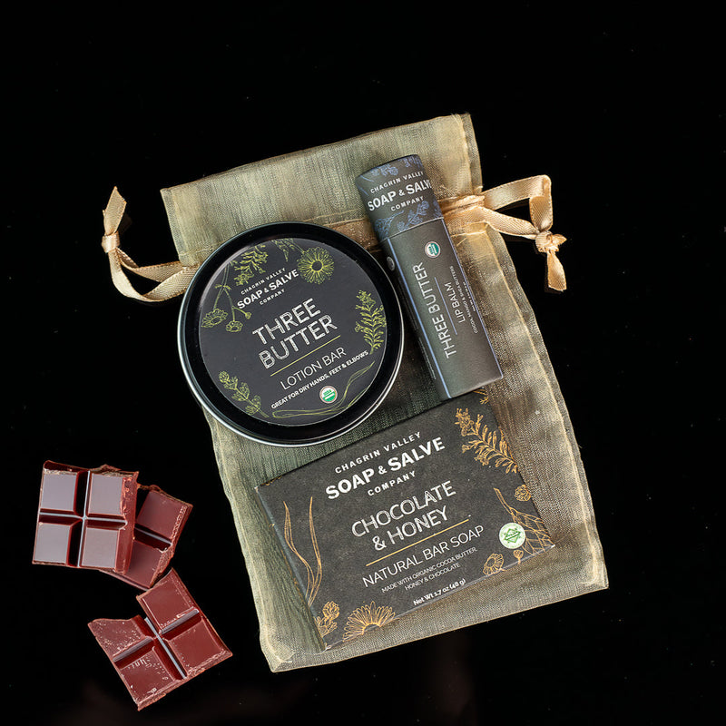 Chagrin Valley Soap & Salve Gift: Soap Sample with Lip Balm & Lotion Bar Gift Rosy Brown Chocolate Theme